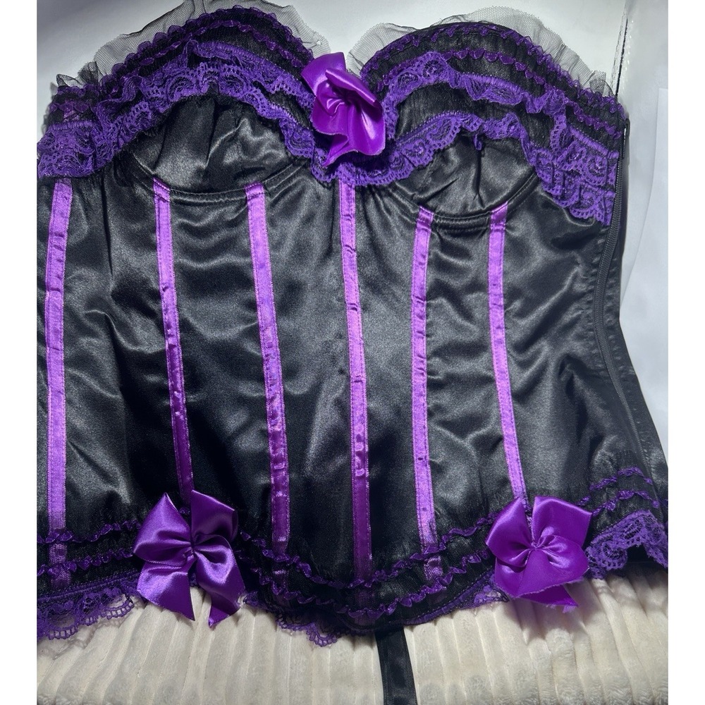 Blackβ Satin & Lace Corset Top w/ Size Zipper Purple Bows & Ribbon TrimβSize 3XL